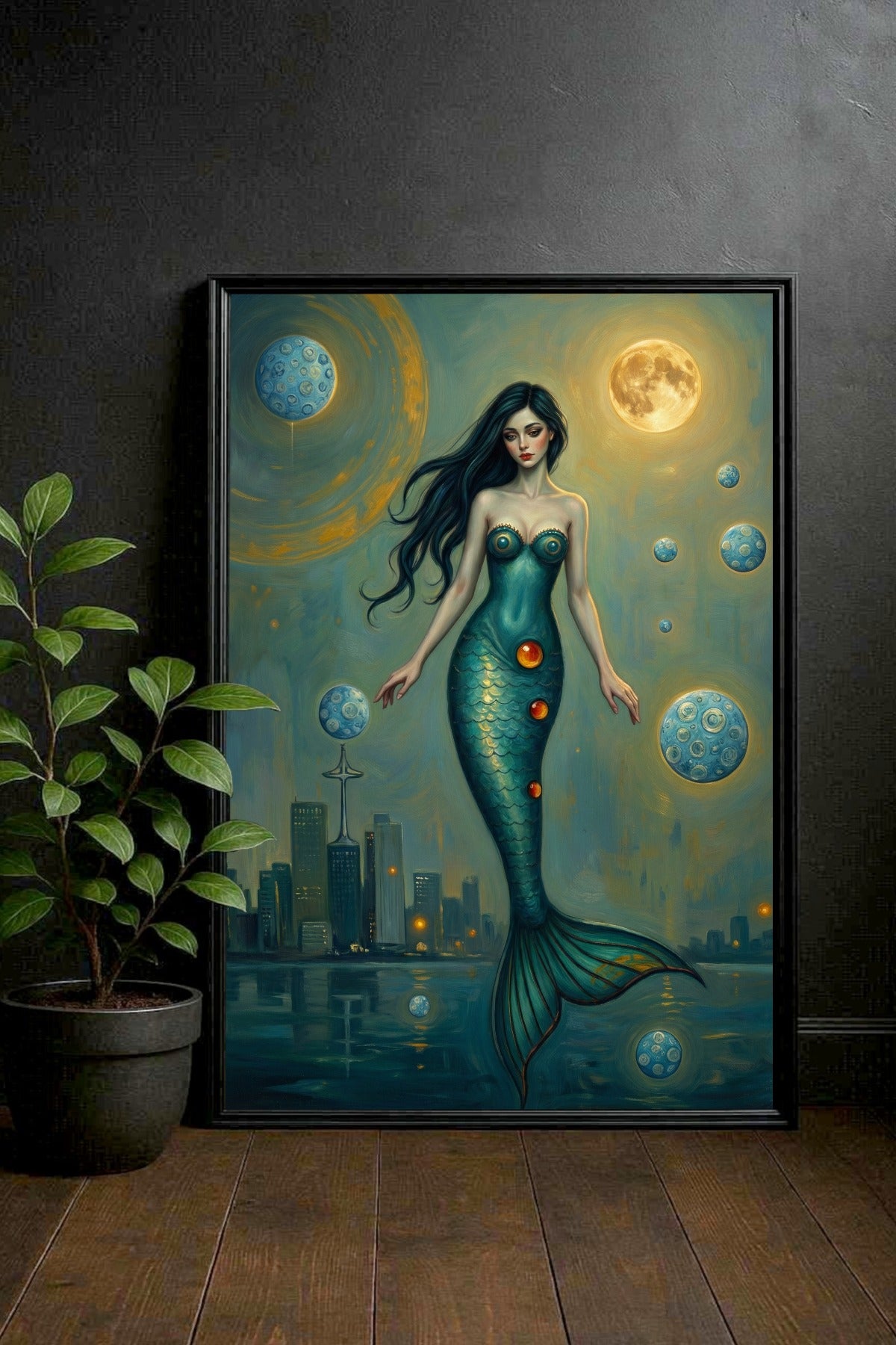 Poster mit Meerjungfrau vor nächtlicher Skyline und Mond in Türkis- und Goldtönen, mystische Fantasy Wanddekoration für moderne Wohnräume