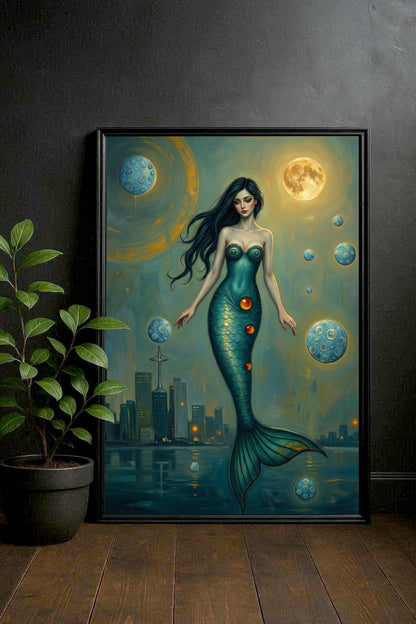 Poster mit Meerjungfrau vor nächtlicher Skyline und Mond in Türkis- und Goldtönen, mystische Fantasy Wanddekoration für moderne Wohnräume