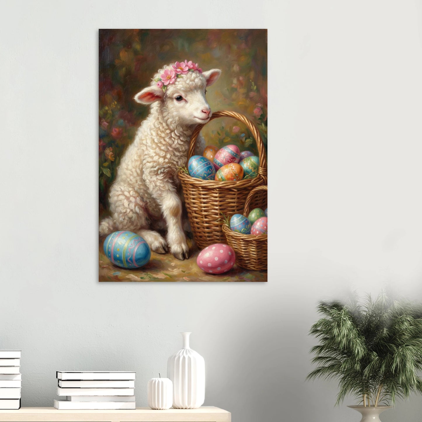 Vintage Osterposter mit einem kleinen Lamm mit Blumenkranz neben einem Korb voller bemalter Ostereier, romantische Frühlingsdeko im Cottage Stil.