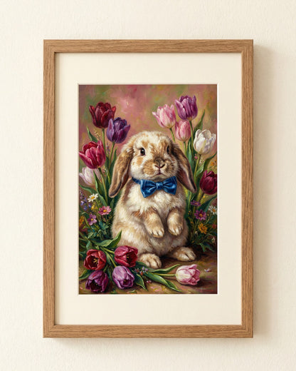 Vintage Poster mit braunem Osterhasen und blauer Schleife zwischen bunten Tulpen im klassischen Ölgemälde-Look als frühlingshafte Wanddekoration.