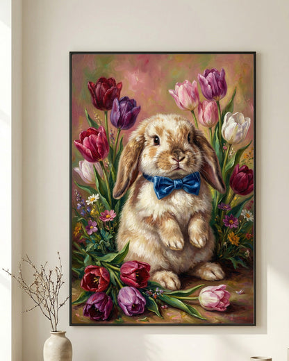 Vintage Poster mit braunem Osterhasen und blauer Schleife zwischen bunten Tulpen im klassischen Ölgemälde-Look als frühlingshafte Wanddekoration.