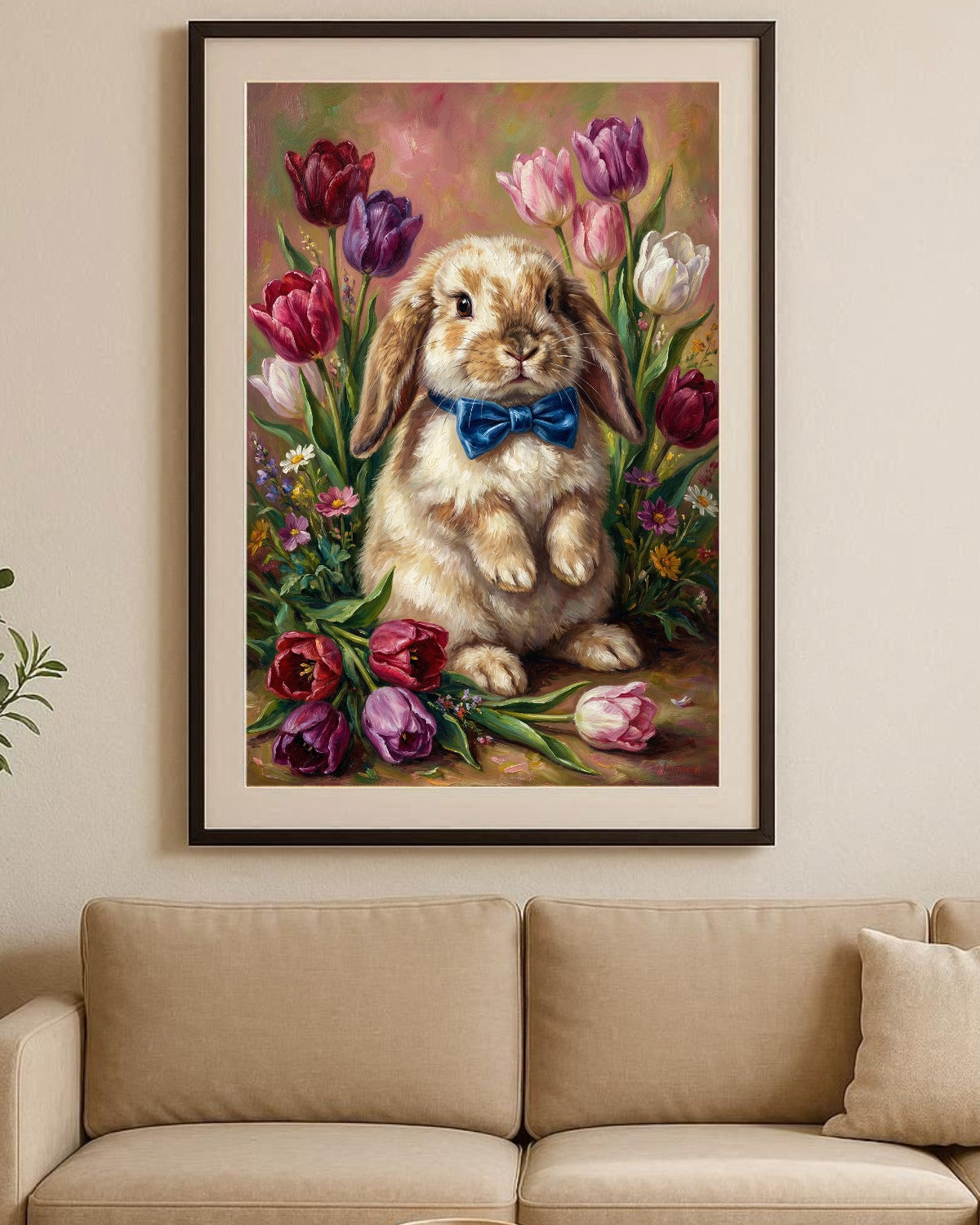 Vintage Poster mit braunem Osterhasen und blauer Schleife zwischen bunten Tulpen im klassischen Ölgemälde-Look als frühlingshafte Wanddekoration.