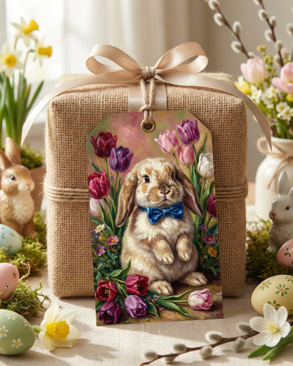 Vintage Poster mit braunem Osterhasen und blauer Schleife zwischen bunten Tulpen im klassischen Ölgemälde-Look als frühlingshafte Wanddekoration.