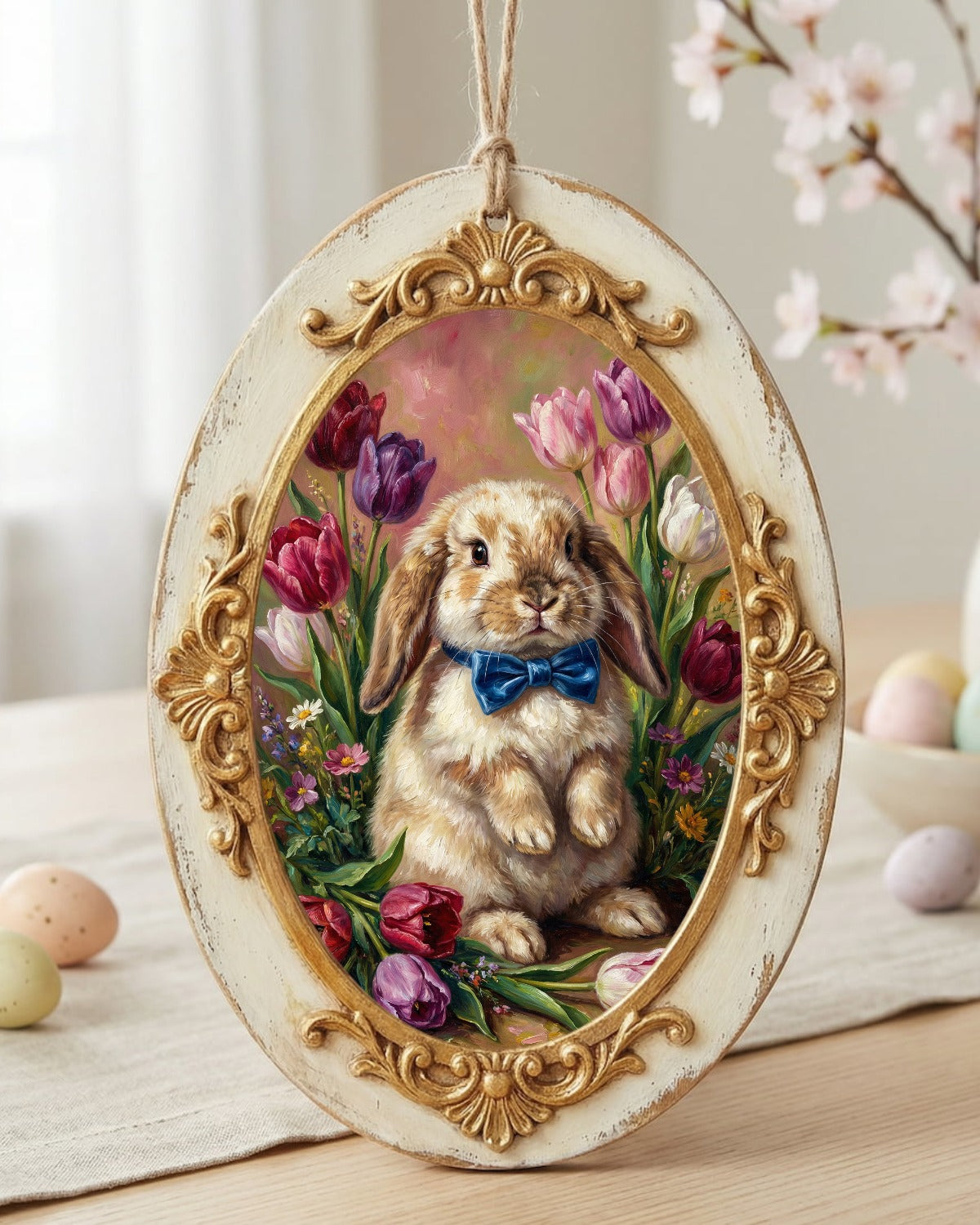Vintage Poster mit braunem Osterhasen und blauer Schleife zwischen bunten Tulpen im klassischen Ölgemälde-Look als frühlingshafte Wanddekoration.