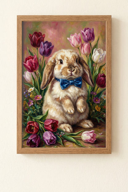 Vintage Poster mit braunem Osterhasen und blauer Schleife zwischen bunten Tulpen im klassischen Ölgemälde-Look als frühlingshafte Wanddekoration.