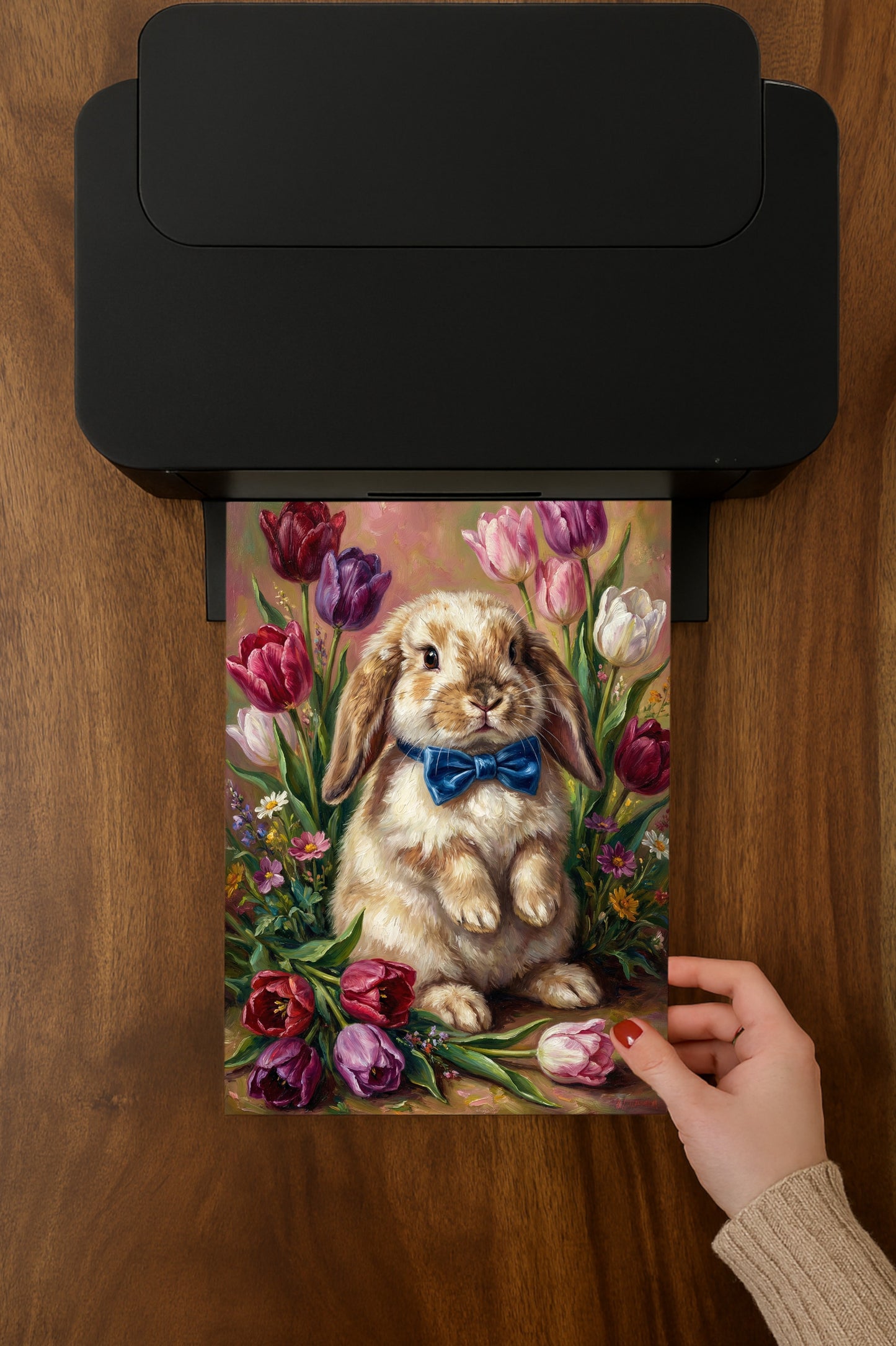 Vintage Poster mit braunem Osterhasen und blauer Schleife zwischen bunten Tulpen im klassischen Ölgemälde-Look als frühlingshafte Wanddekoration.
