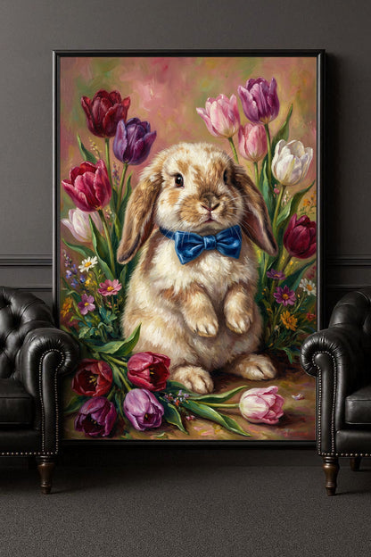 Vintage Poster mit braunem Osterhasen und blauer Schleife zwischen bunten Tulpen im klassischen Ölgemälde-Look als frühlingshafte Wanddekoration.