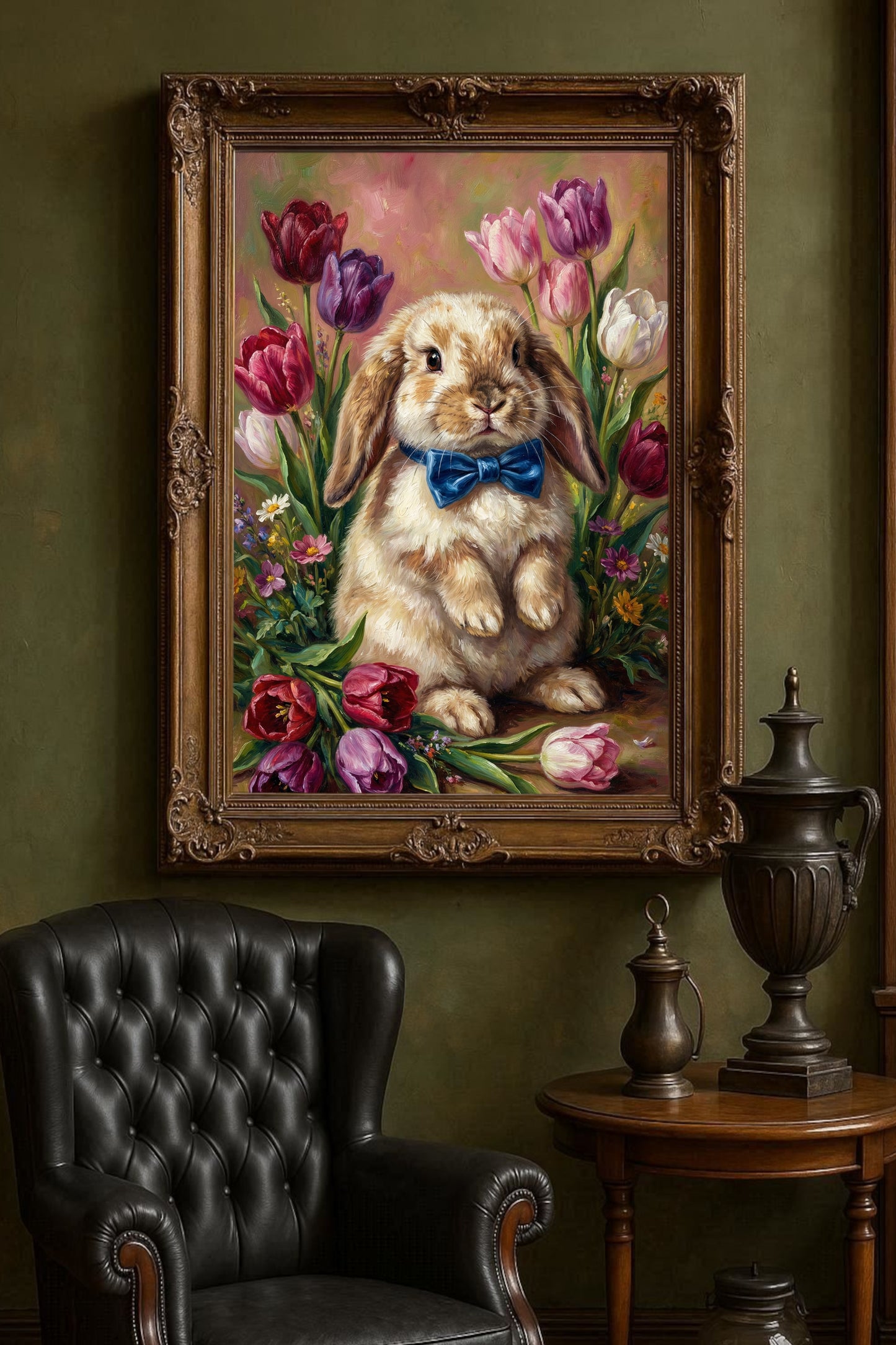 Vintage Poster mit braunem Osterhasen und blauer Schleife zwischen bunten Tulpen im klassischen Ölgemälde-Look als frühlingshafte Wanddekoration.