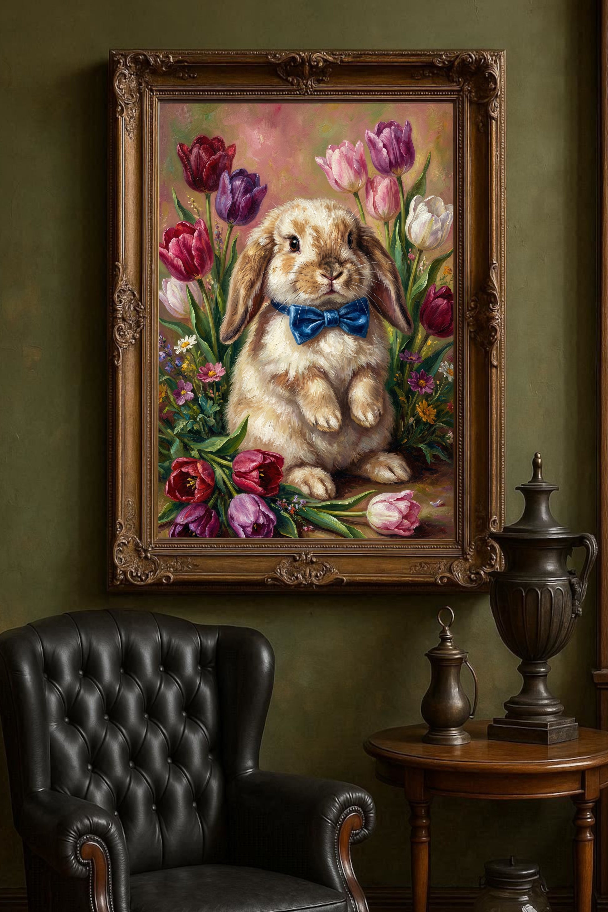 Vintage Poster mit braunem Osterhasen und blauer Schleife zwischen bunten Tulpen im klassischen Ölgemälde-Look als frühlingshafte Wanddekoration.