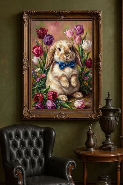 Vintage Poster mit braunem Osterhasen und blauer Schleife zwischen bunten Tulpen im klassischen Ölgemälde-Look als frühlingshafte Wanddekoration.