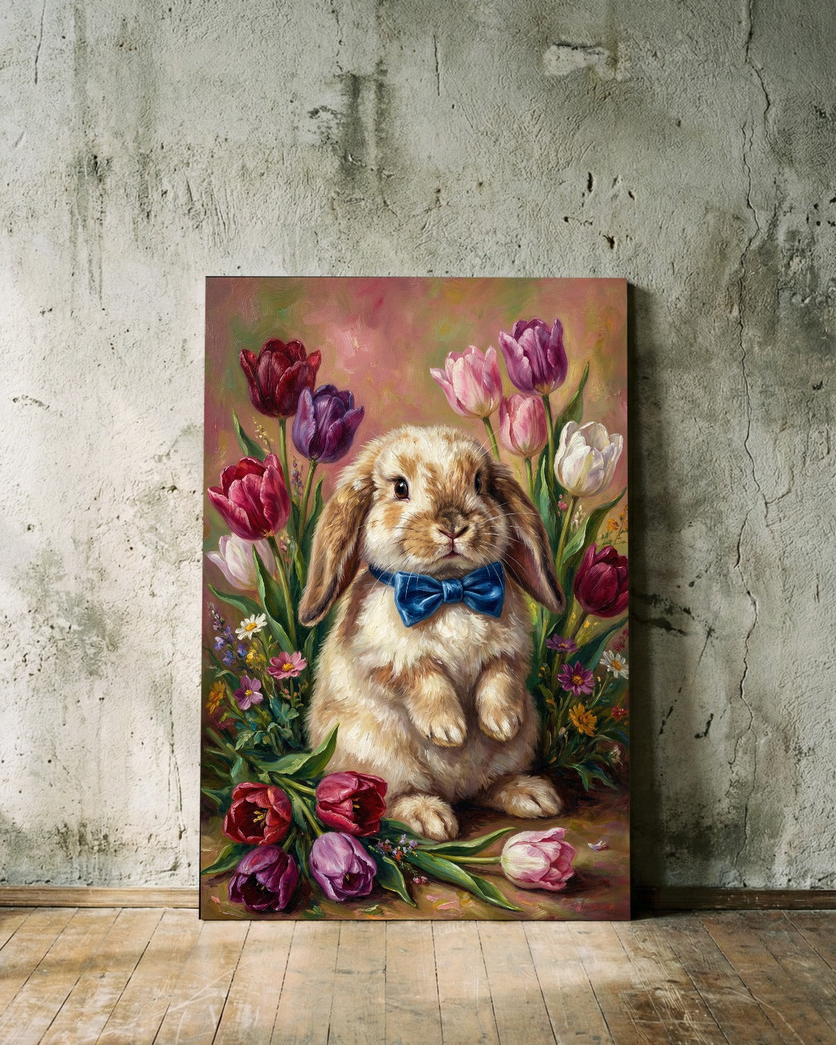 Vintage Poster mit braunem Osterhasen und blauer Schleife zwischen bunten Tulpen im klassischen Ölgemälde-Look als frühlingshafte Wanddekoration.