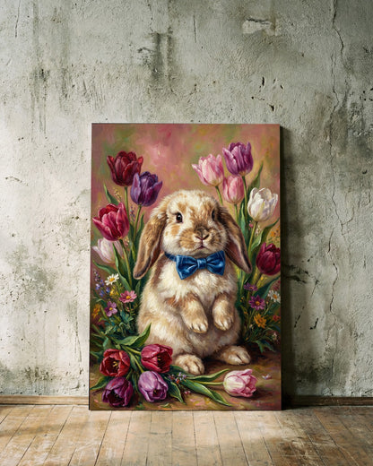 Vintage Poster mit braunem Osterhasen und blauer Schleife zwischen bunten Tulpen im klassischen Ölgemälde-Look als frühlingshafte Wanddekoration.