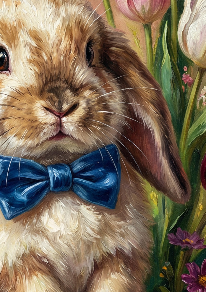 Vintage Poster mit braunem Osterhasen und blauer Schleife zwischen bunten Tulpen im klassischen Ölgemälde-Look als frühlingshafte Wanddekoration.