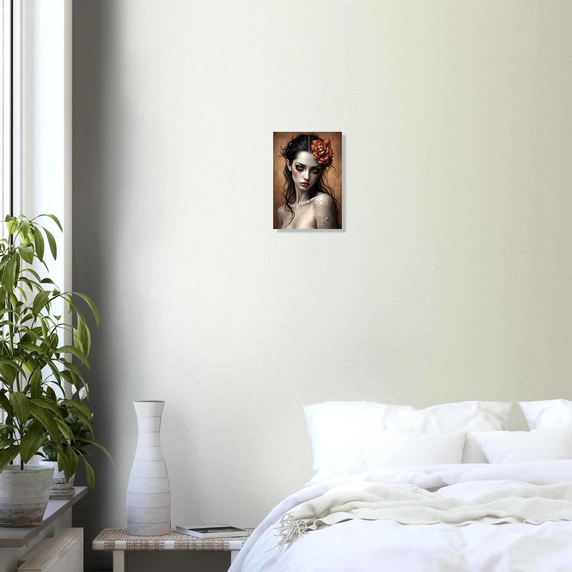 Gothic Frauenporträt als Premium Poster auf mattem Papier, dunkle romantische Illustration mit Blume im Haar