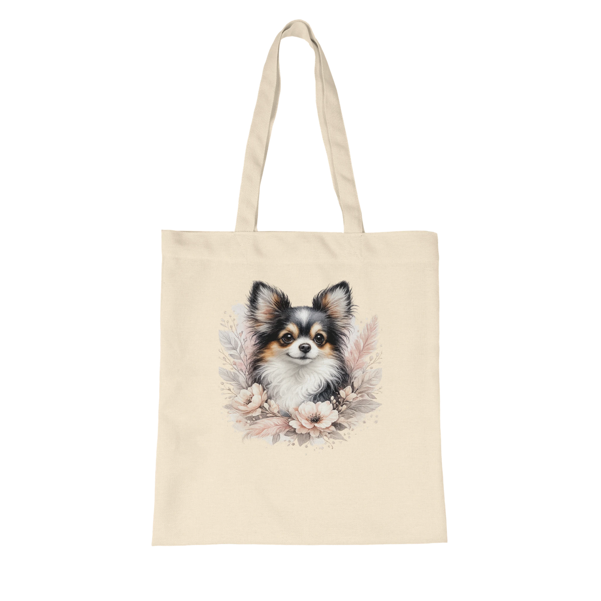 Naturfarbene Stofftasche aus Bio Baumwolle mit liebevoll illustriertem Hundemotiv, getragen als leichte Einkaufstasche für Alltag und Freizeit