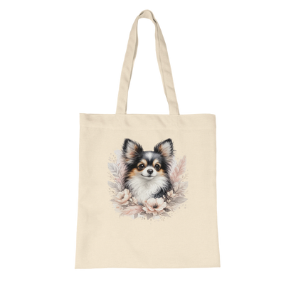 Naturfarbene Stofftasche aus Bio Baumwolle mit liebevoll illustriertem Hundemotiv, getragen als leichte Einkaufstasche für Alltag und Freizeit