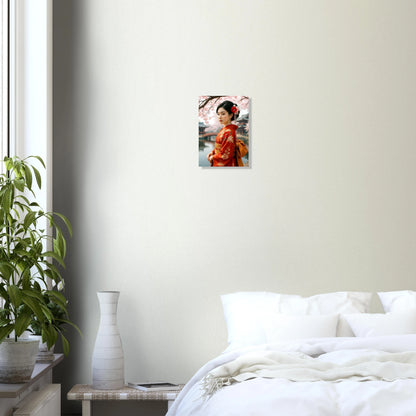 Japanisches Geisha-Poster im roten Kimono unter Kirschblüten, eleganter Kunstdruck mit ruhiger, harmonischer Bildwirkung.