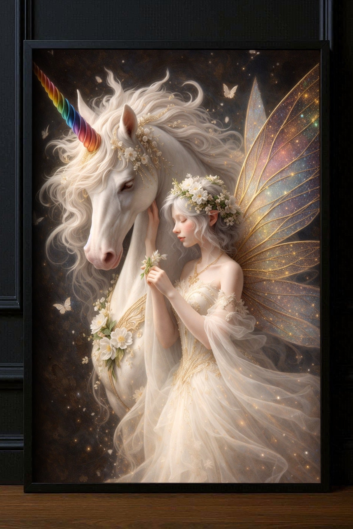 Hochwertiges Fantasy-Poster: Majestätisches weißes Einhorn mit einer zarten Elfe im Blumenkranz. Elegante Wanddeko in Gold und Elfenbein auf dunklem, mystischem Grund.