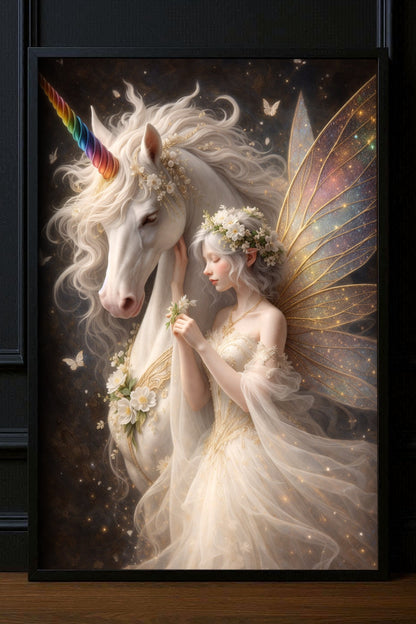 Hochwertiges Fantasy-Poster: Majestätisches weißes Einhorn mit einer zarten Elfe im Blumenkranz. Elegante Wanddeko in Gold und Elfenbein auf dunklem, mystischem Grund.