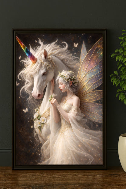 Hochauflösendes Fantasy-Wandbild: Eine zarte Elfe mit goldenen Flügeln und Blumenkrone lehnt sich an ein majestätisches weißes Einhorn. Magisches Artwork in Gold-, Elfenbein- und Pastelltönen.
