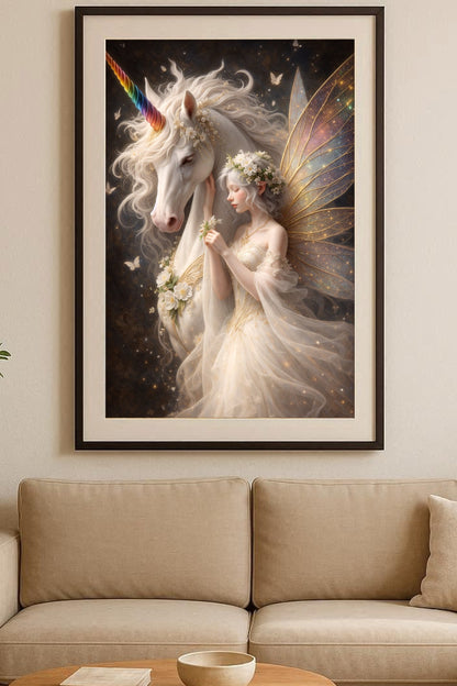 Hochauflösendes Fantasy-Wandbild: Eine zarte Elfe mit goldenen Flügeln und Blumenkrone lehnt sich an ein majestätisches weißes Einhorn. Magisches Artwork in Gold-, Elfenbein- und Pastelltönen.