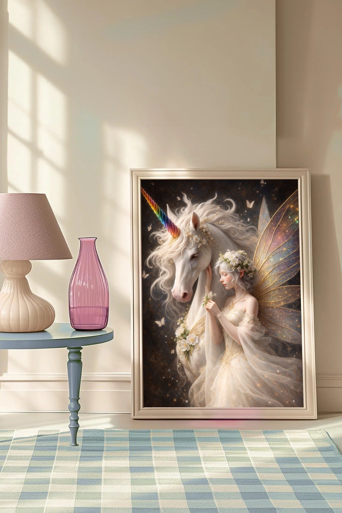 Hochwertiges Fantasy-Poster: Majestätisches weißes Einhorn mit einer zarten Elfe im Blumenkranz. Elegante Wanddeko in Gold und Elfenbein auf dunklem, mystischem Grund.