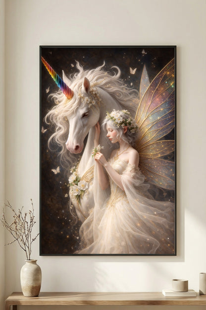 Hochwertiges Fantasy-Poster: Majestätisches weißes Einhorn mit einer zarten Elfe im Blumenkranz. Elegante Wanddeko in Gold und Elfenbein auf dunklem, mystischem Grund.