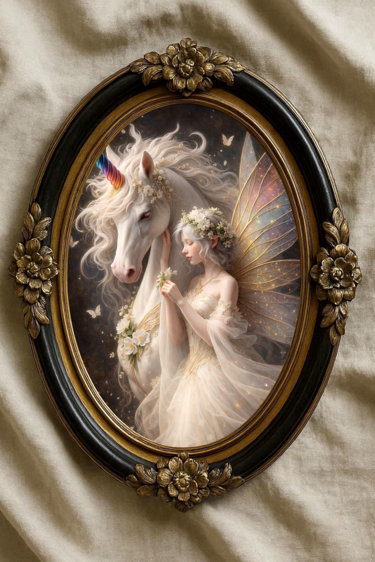 Hochauflösendes Fantasy-Wandbild: Eine zarte Elfe mit goldenen Flügeln und Blumenkrone lehnt sich an ein majestätisches weißes Einhorn. Magisches Artwork in Gold-, Elfenbein- und Pastelltönen.