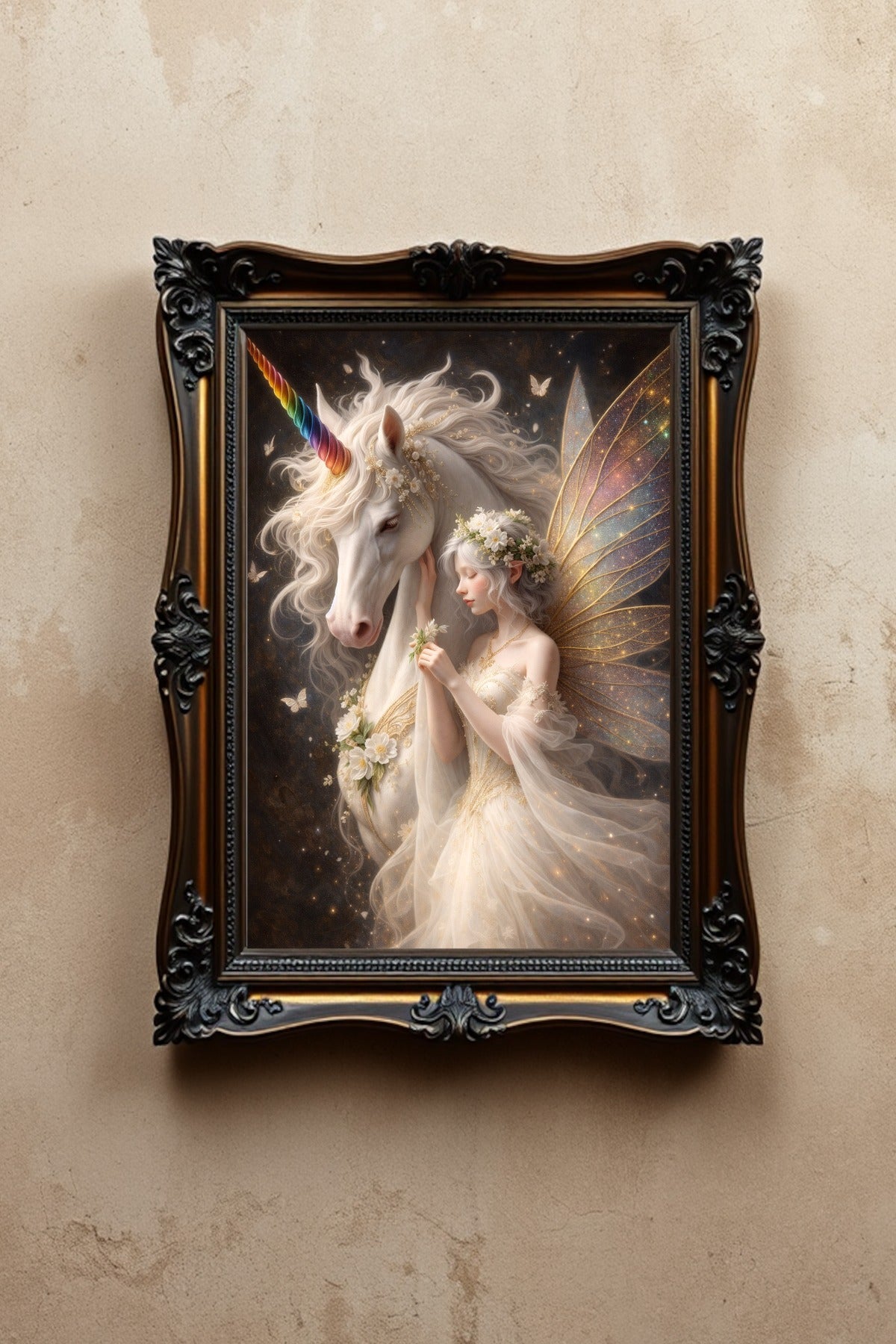 Hochwertiges Fantasy-Poster: Majestätisches weißes Einhorn mit einer zarten Elfe im Blumenkranz. Elegante Wanddeko in Gold und Elfenbein auf dunklem, mystischem Grund.