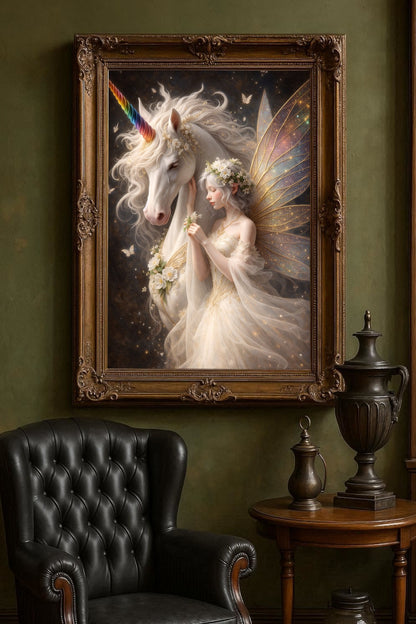 Hochauflösendes Fantasy-Wandbild: Eine zarte Elfe mit goldenen Flügeln und Blumenkrone lehnt sich an ein majestätisches weißes Einhorn. Magisches Artwork in Gold-, Elfenbein- und Pastelltönen.