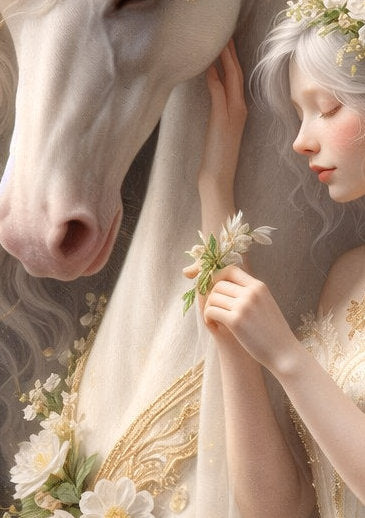 Hochauflösendes Fantasy-Wandbild: Eine zarte Elfe mit goldenen Flügeln und Blumenkrone lehnt sich an ein majestätisches weißes Einhorn. Magisches Artwork in Gold-, Elfenbein- und Pastelltönen.