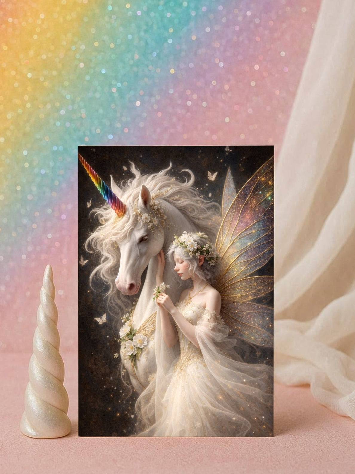 Hochwertiges Fantasy-Poster: Majestätisches weißes Einhorn mit einer zarten Elfe im Blumenkranz. Elegante Wanddeko in Gold und Elfenbein auf dunklem, mystischem Grund.