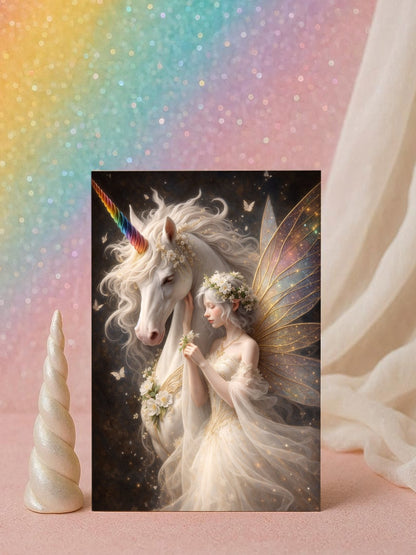 Hochwertiges Fantasy-Poster: Majestätisches weißes Einhorn mit einer zarten Elfe im Blumenkranz. Elegante Wanddeko in Gold und Elfenbein auf dunklem, mystischem Grund.