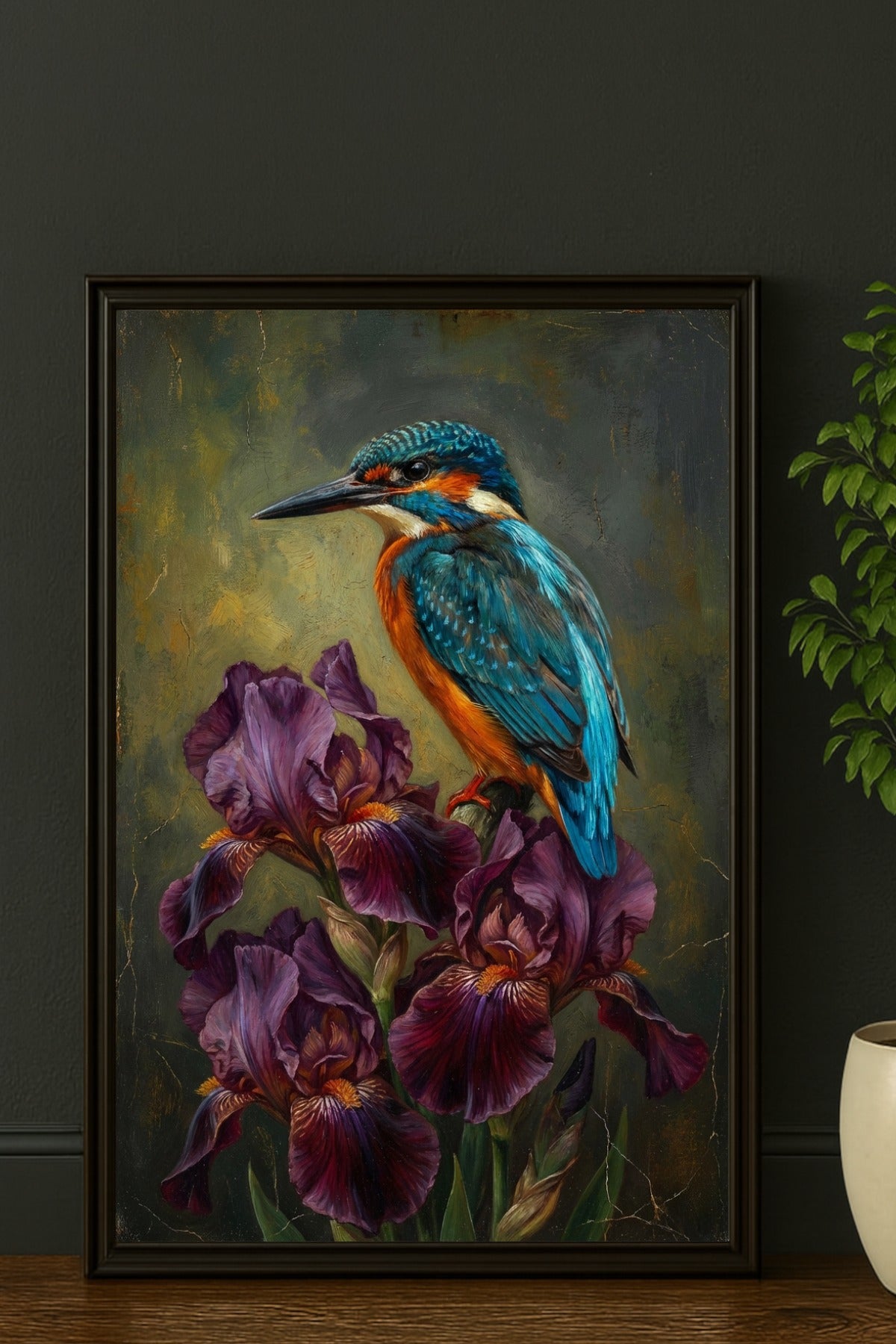 Stimmungsvolles digitales Ölgemälde eines Eisvogels mit leuchtend blau-orangem Gefieder auf tiefvioletten Iris-Blüten vor einem dunklen, texturierten Hintergrund.
