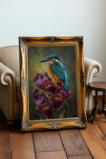 Dekoratives Eisvogel-Motiv als digitales Ölgemälde mit leuchtenden Farben, violetten Blüten und ruhiger dunkler Bildstimmung.