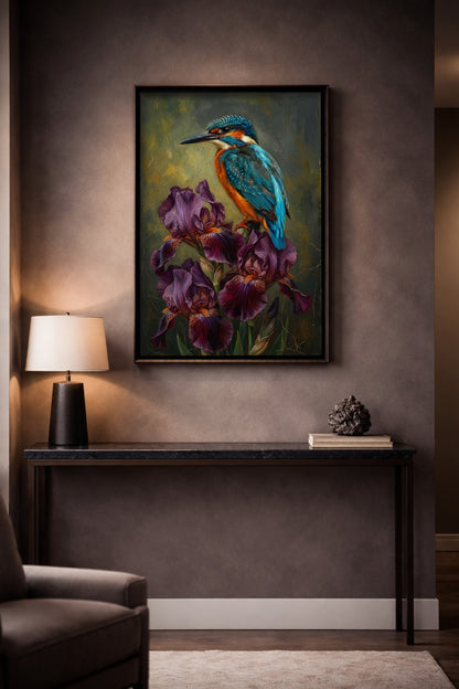 Eisvogel Art Print als digitales Ölgemälde mit kräftigem Blau, warmem Orange und violetten Irisblüten in stimmungsvoller Komposition.
