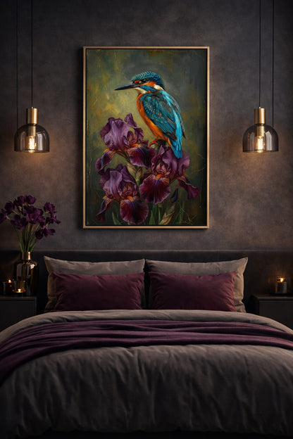 Stilvolles digitales Gemälde eines Eisvogels mit leuchtendem Gefieder, Iris-Blüten und texturiertem Hintergrund in dunkler Vintage-Optik.