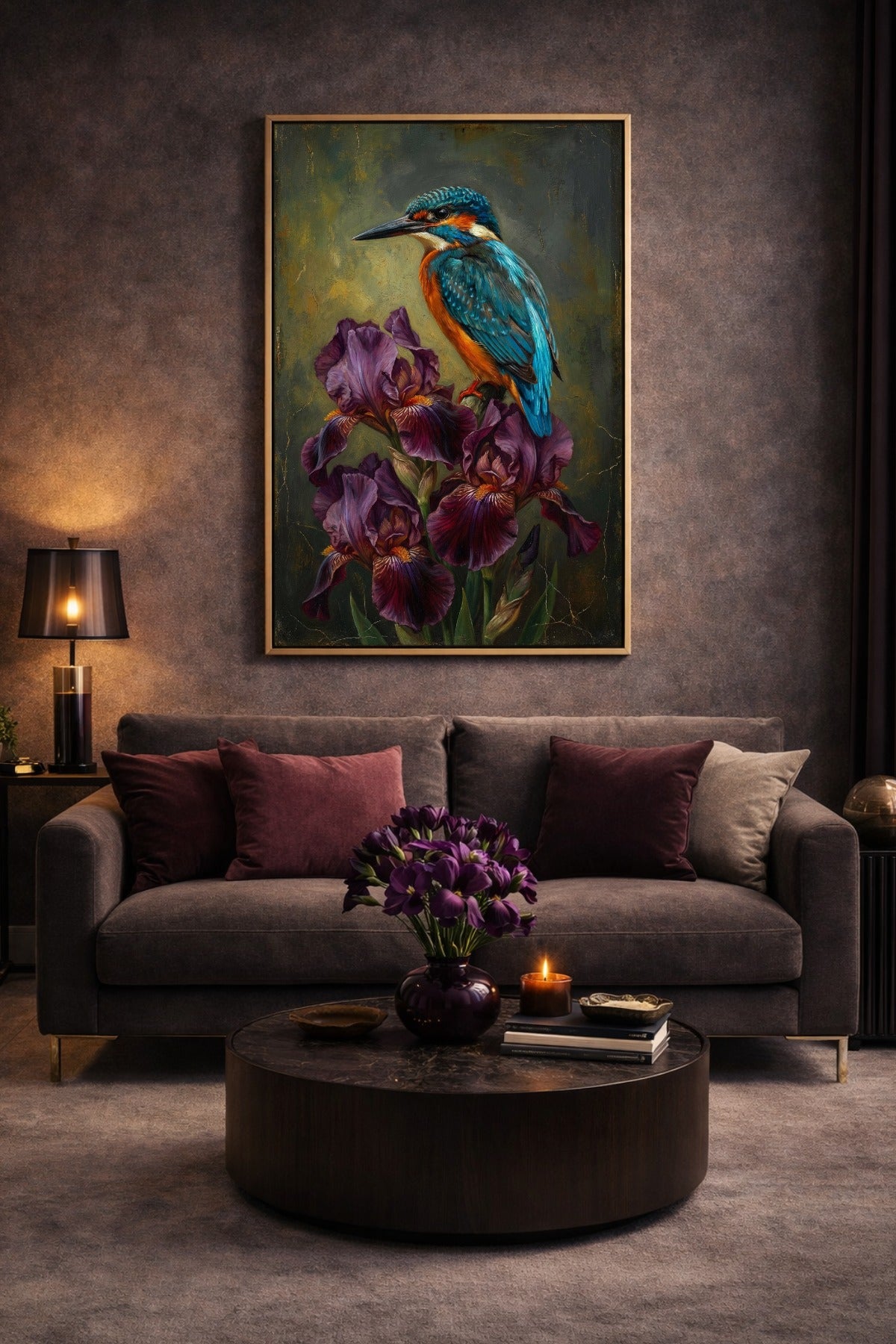 Atmosphärisches Eisvogel-Poster als digitale Malerei mit blau-orangefarbenem Gefieder und tiefvioletten Iris vor dunkler Strukturfläche.