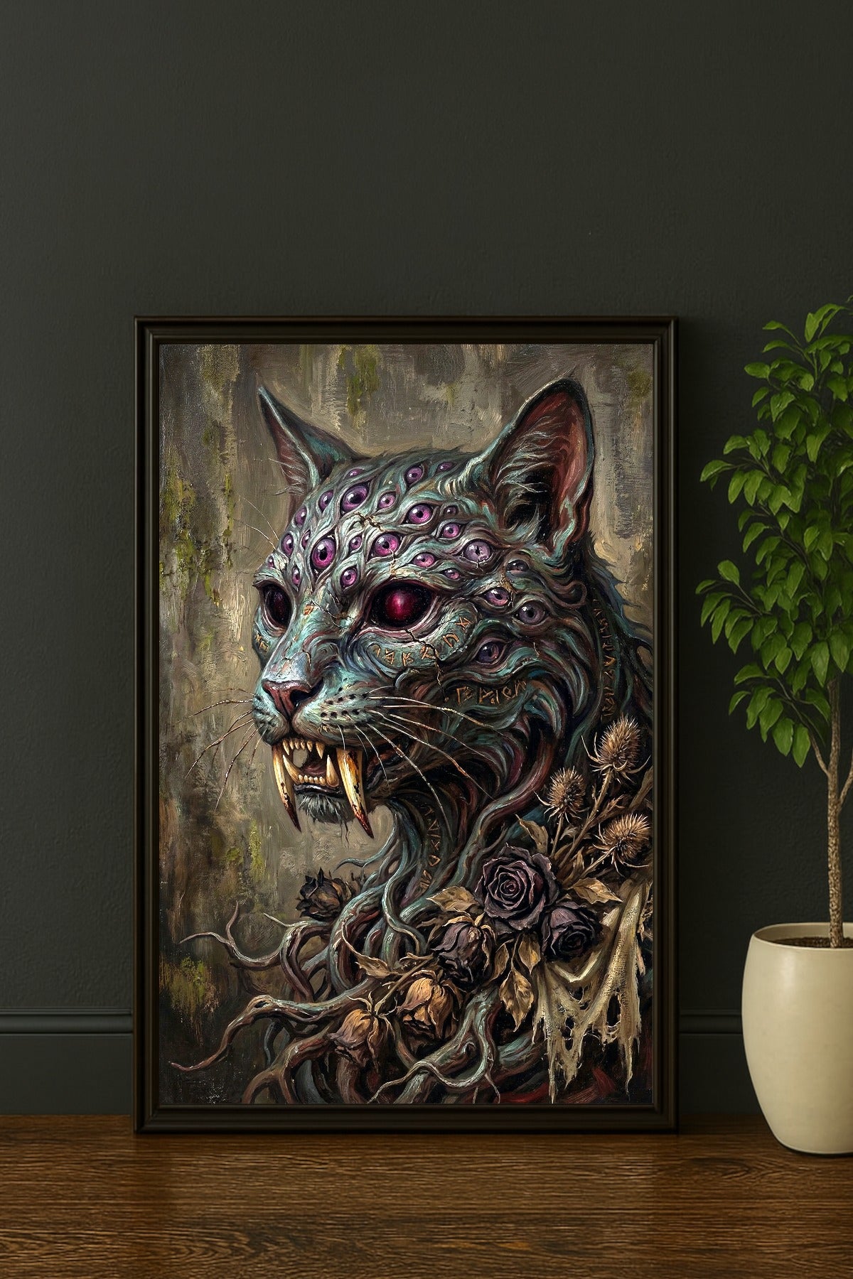 Digitales Horror Poster mit katzenartigem Wesen, vielen violetten Augen, Fangzähnen, Runen und dunklem Gothic-Hintergrund.