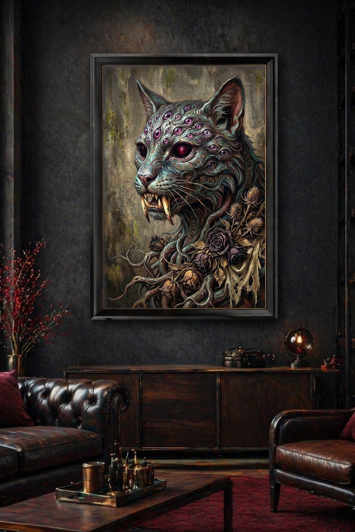 Eldritch Cat Poster als Digitaldownload mit unheimlicher Katzenfigur, vielen violetten Augen, scharfen Fangzähnen und runenartigen Zeichen.