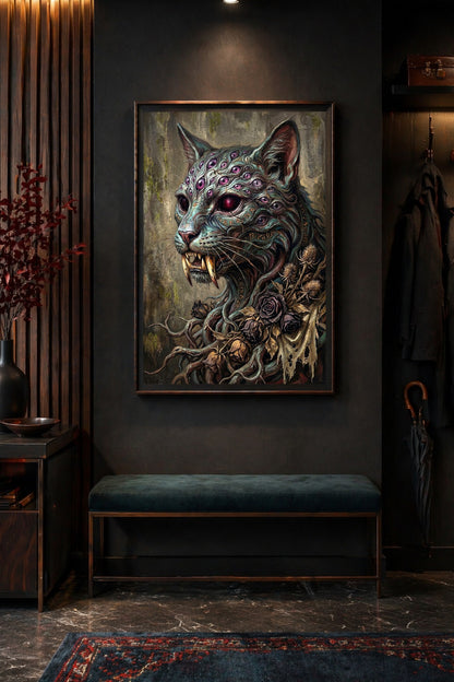 Dark Surrealism Poster mit katzenähnlichem Wesen, violetten Augen, Fangzähnen, okkulten Zeichen und schwarzem Gothic-Hintergrund.