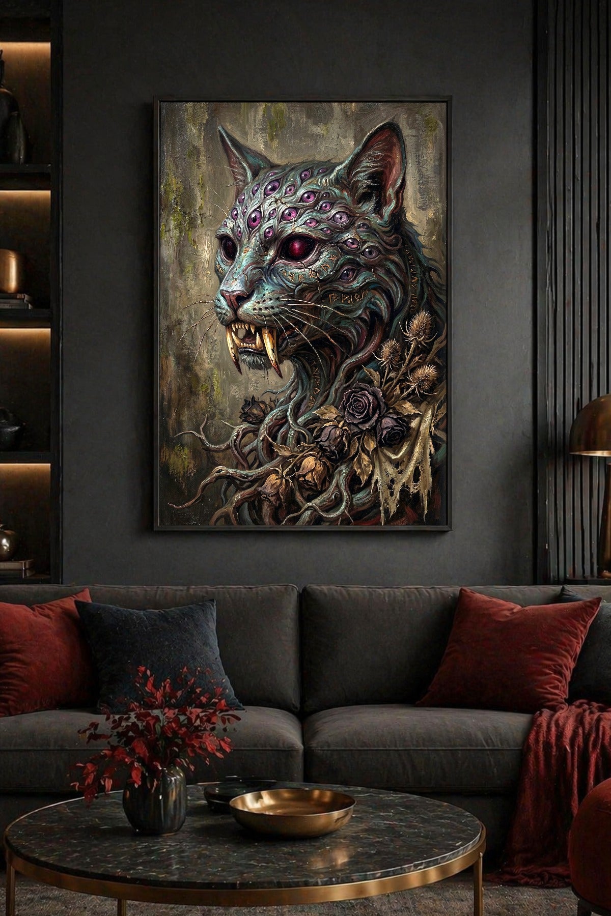 Digitales Lovecraftian Art Poster mit Horror-Katze, vielen Augen, Runen im Gesicht, langen Fangzähnen und dunkler Gothic-Atmosphäre.