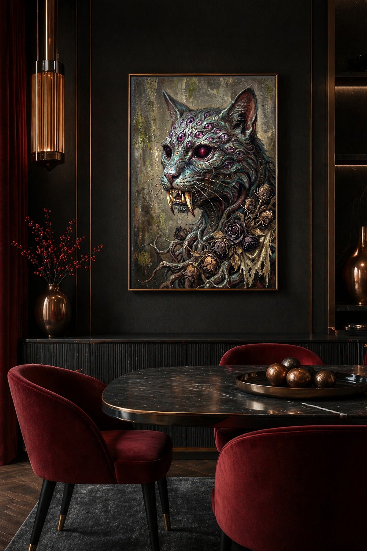 Gothic Horror Wandbild mit katzenartiger Kreatur, leeren Augenhöhlen, violetten Zusatzaugen, Fangzähnen und düsterem Hintergrund.