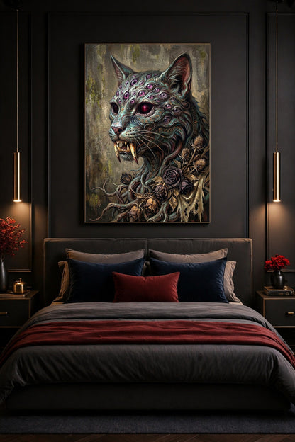 Digitales Horror Poster mit katzenartigem Wesen, violetten Augen auf Stirn und Kopf, langen Fangzähnen, Runen und dunklem Gothic-Hintergrund.