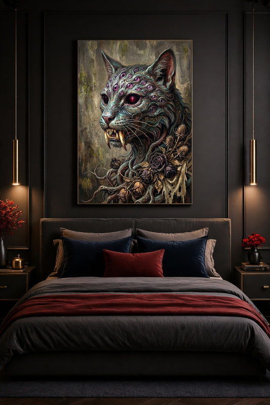 Digitales Horror Poster mit katzenartigem Wesen, violetten Augen auf Stirn und Kopf, langen Fangzähnen, Runen und dunklem Gothic-Hintergrund.