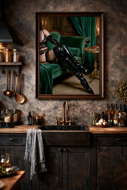 Stilvolles Boudoir-Ölgemälde einer Frau in schwarzer Lingerie und Lackstiefeln auf einem smaragdgrünen Samtsofa, dunkle ästhetische Wandkunst.