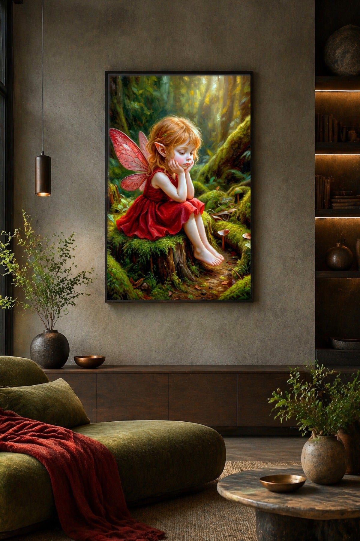 Waldelfe mit roten Flügeln sitzt in einem moosgrünen Wald, gestaltet als märchenhafter Fairy Print im weichen Fantasy-Art-Stil.