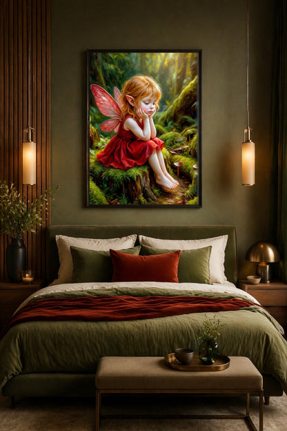 Märchenhafter Fairy Print mit Waldelfe, roten Flügeln und rotem Kleid, sitzend zwischen Moos, Pilzen und warmem Waldlicht.