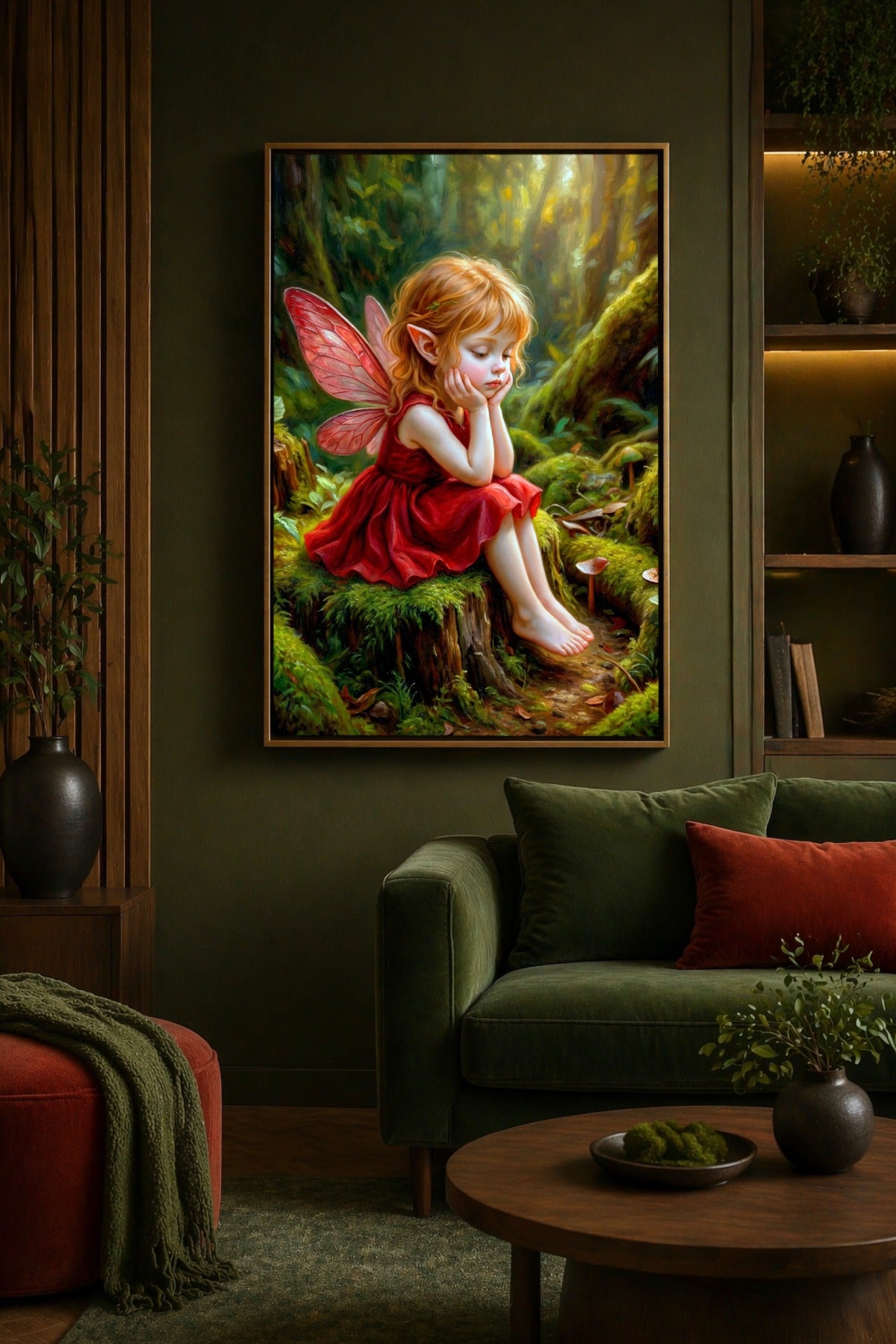 Kleine Fee mit rotblondem Haar und rosa Flügeln sitzt nachdenklich auf einem moosigen Baumstumpf im verwunschenen Wald.