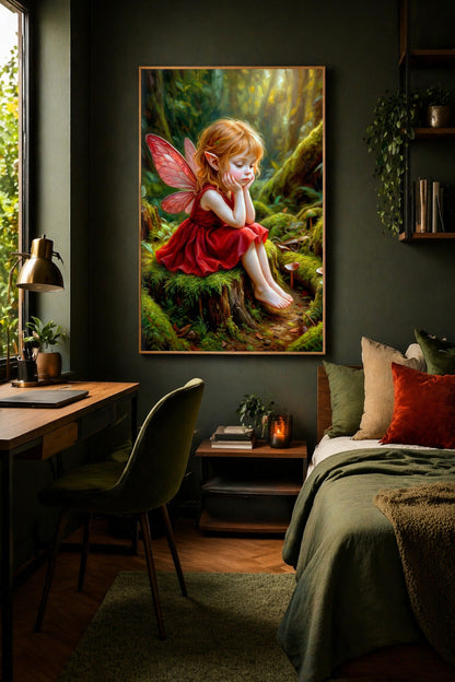 Fantasy Poster mit kleiner Waldelfe, roten Flügeln und spitzen Ohren, sitzend im moosgrünen Wald als ruhiger Fairy Print.